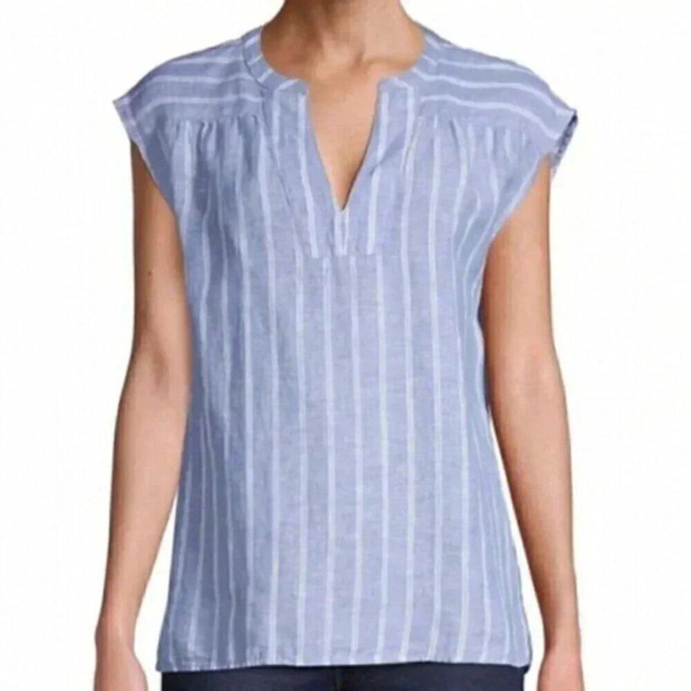 Lord & Taylor 100% Linen Striped Split Neck  Top Blue White Small
